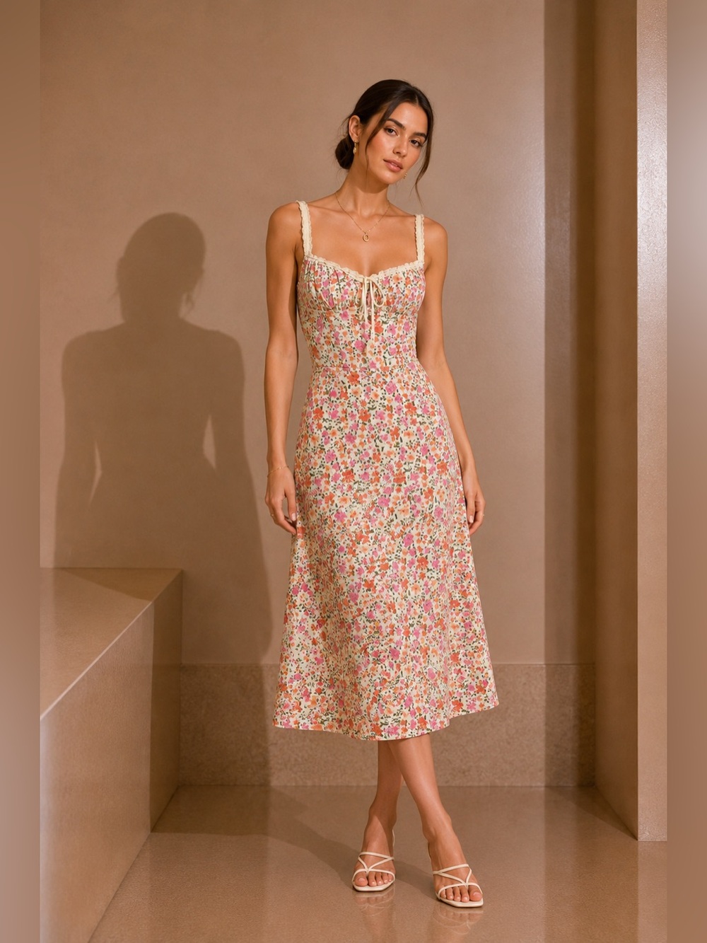 Commense Pink Floral Midi Dress with Lace Trim